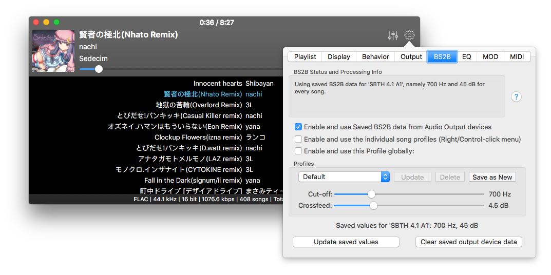 BS2B settings within Colibri